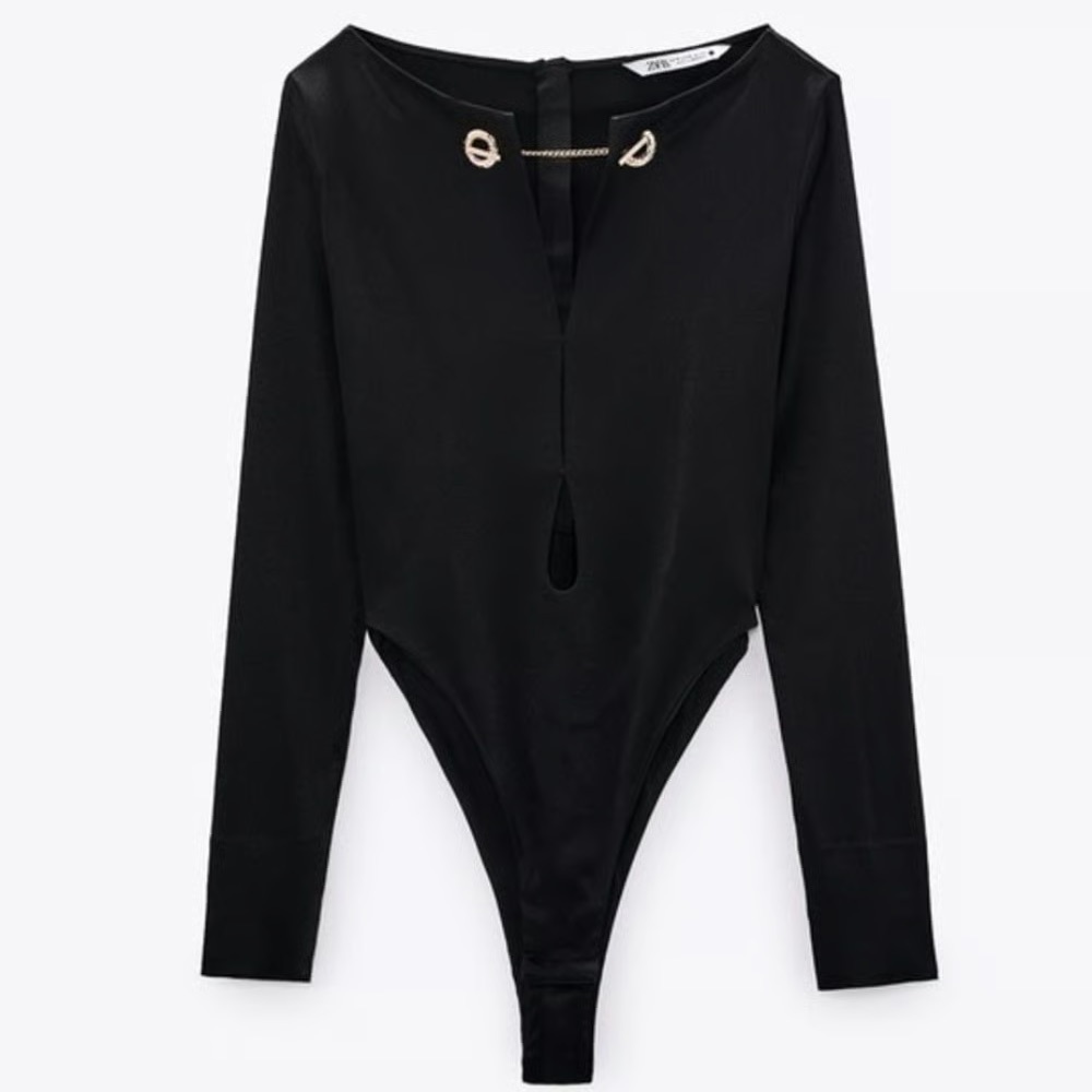 NWT ZARA BLACK BODYSUIT WITH CHAINS AND CUTOUTS SIZE XL